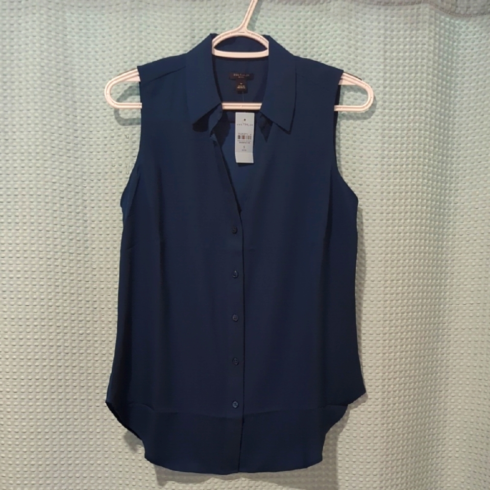 NWT SZ SP Ann Taylor Teal Sleeveless Notched Collar Blouse